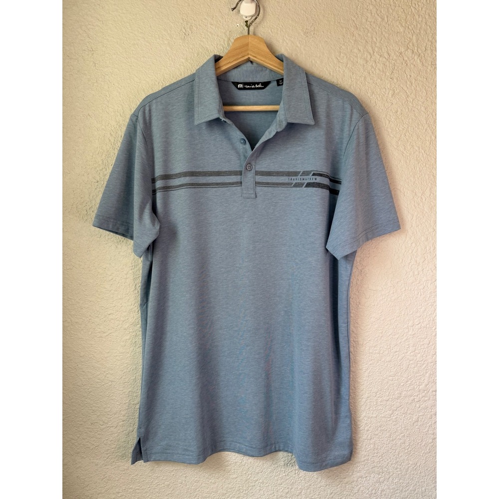 TravisMathew Mens Polo Shirt Medium Blue Heather Stripe Pima Cotton Blend Golf